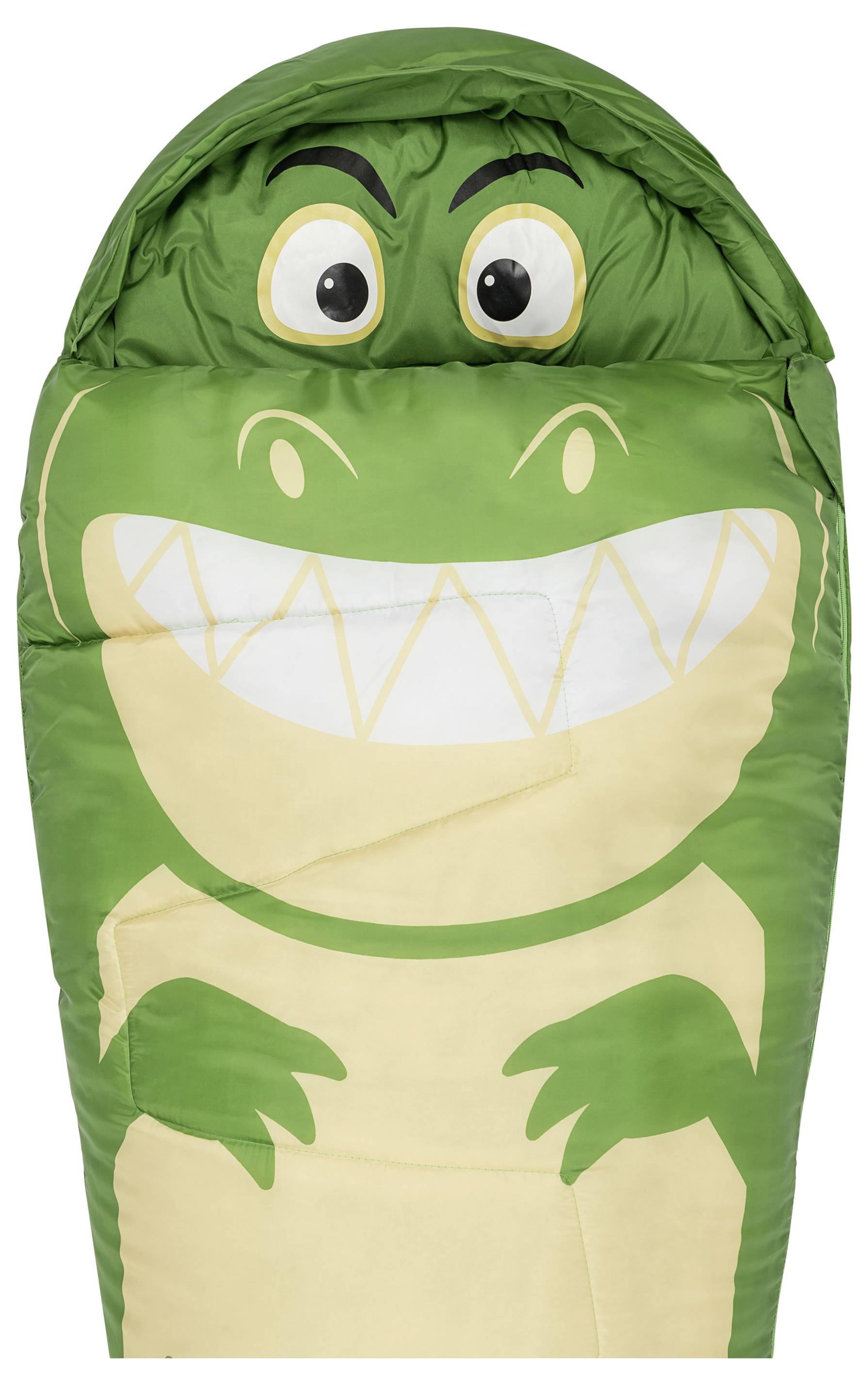 Ein grüner Dinosaurier-Schlafsack mit Cartoon-Augen und einem breiten Zahnlächeln, entworfen für Kinder.