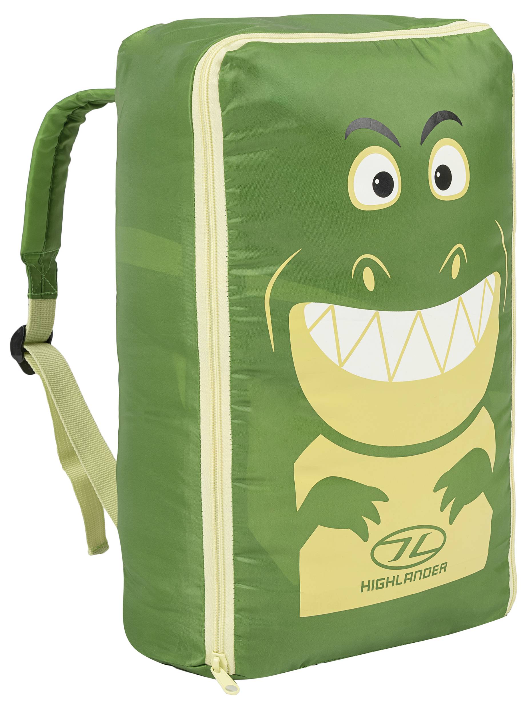 Ein grüner Highlander-Kinderrucksack mit einem verspielten Cartoon-Dinosaurier-Design auf der Vorderseite, mit Reißverschlussverschluss und verstellbaren Trägern.