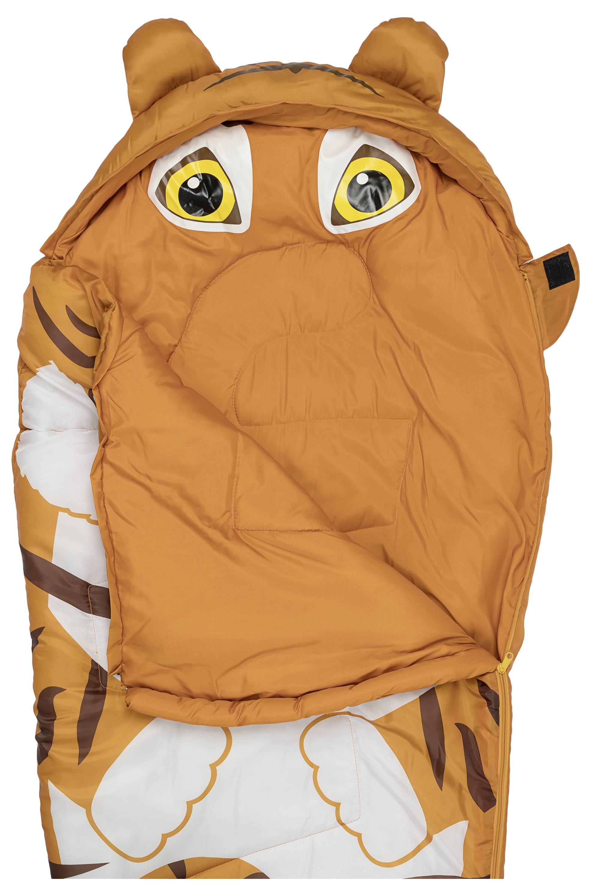 Ein orangefarbener, tigergestalteter Schlafsack für Kinder mit Tigergesicht und Ohren auf der Kapuze, entworfen für verspielten Schlafkomfort zur Schlafenszeit.