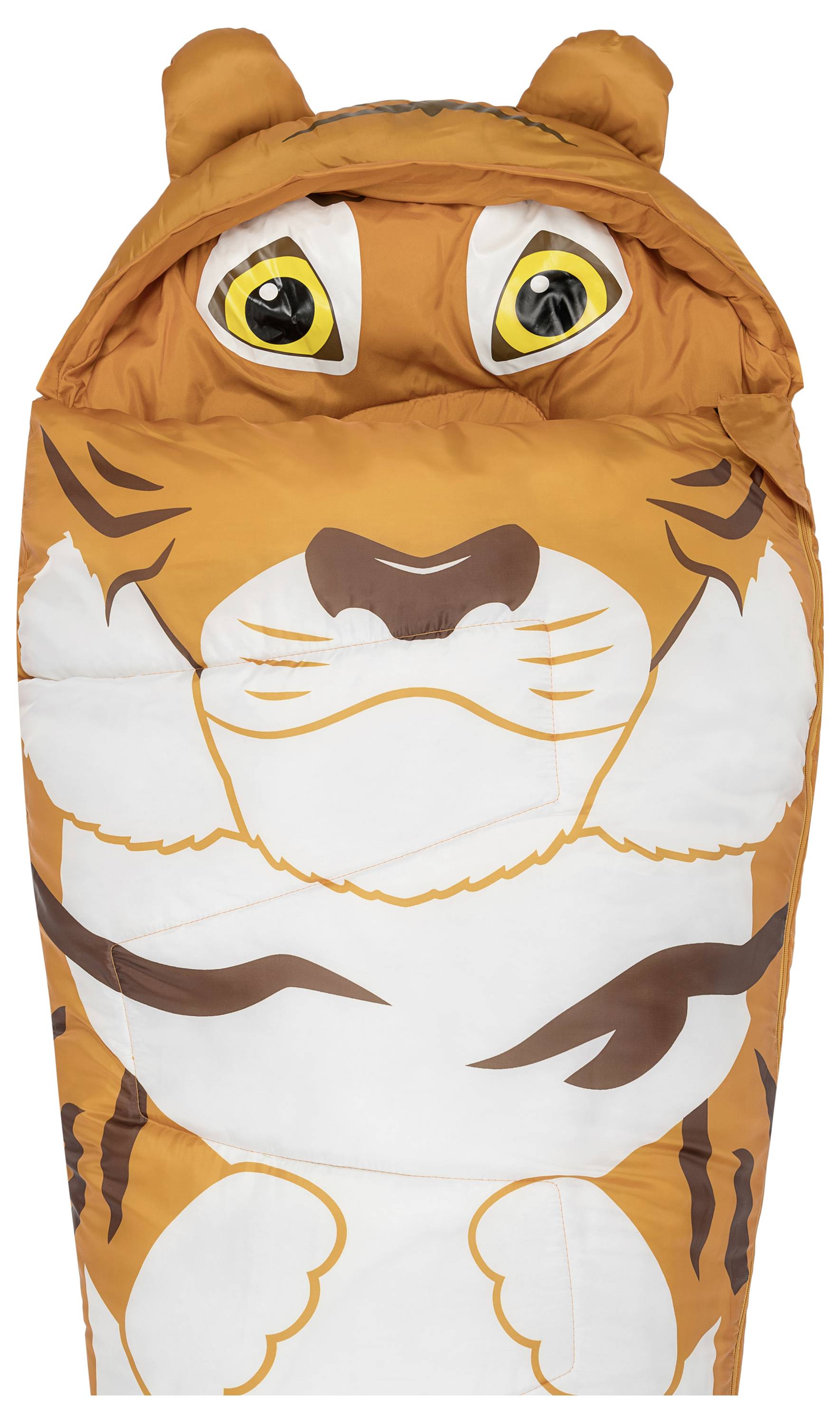 Ein Schlafsack für Kinder, gestaltet wie ein orange-weißer Tiger, komplett mit Cartoon-Augen und Ohren auf der Kapuze.