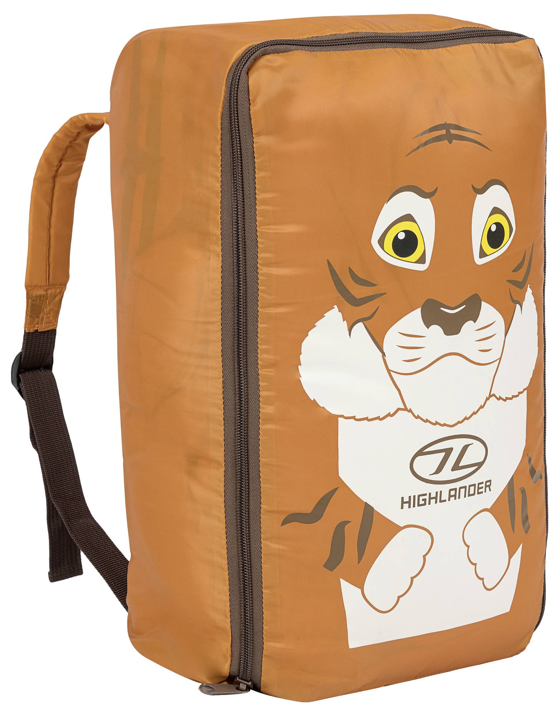 Ein orangefarbener Kinderrucksack mit Tigerkopf-Design, mit verstellbaren Riemen und einem Reißverschluss. Die Marke 