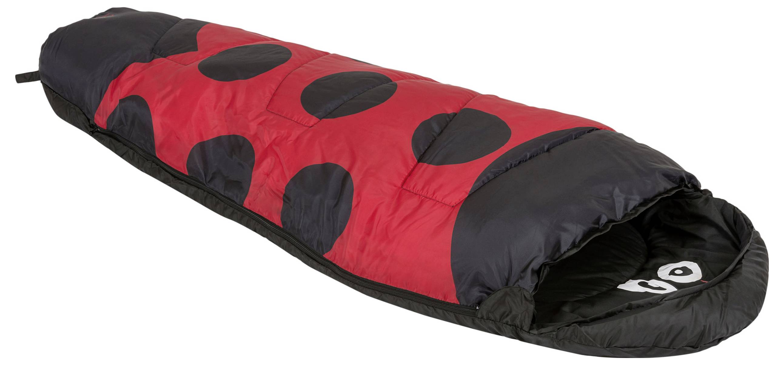 Ein rot-schwarzer Schlafsack mit Marienkäfer-Design, mit großen schwarzen Flecken und einem gezeichneten Gesicht im Kapuzenbereich.