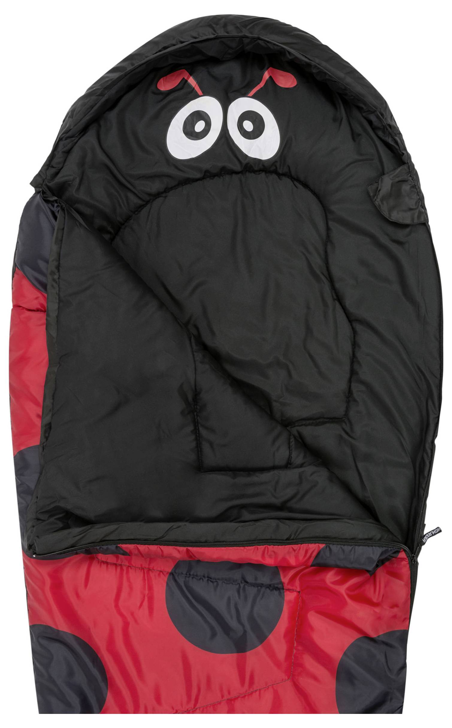 Ein rot und schwarzer Kinderschlafsack mit Marienkäfer-Design, mit großen Augen auf der Kapuze und schwarzen Flecken auf dem Körper, aufgeöffnet.