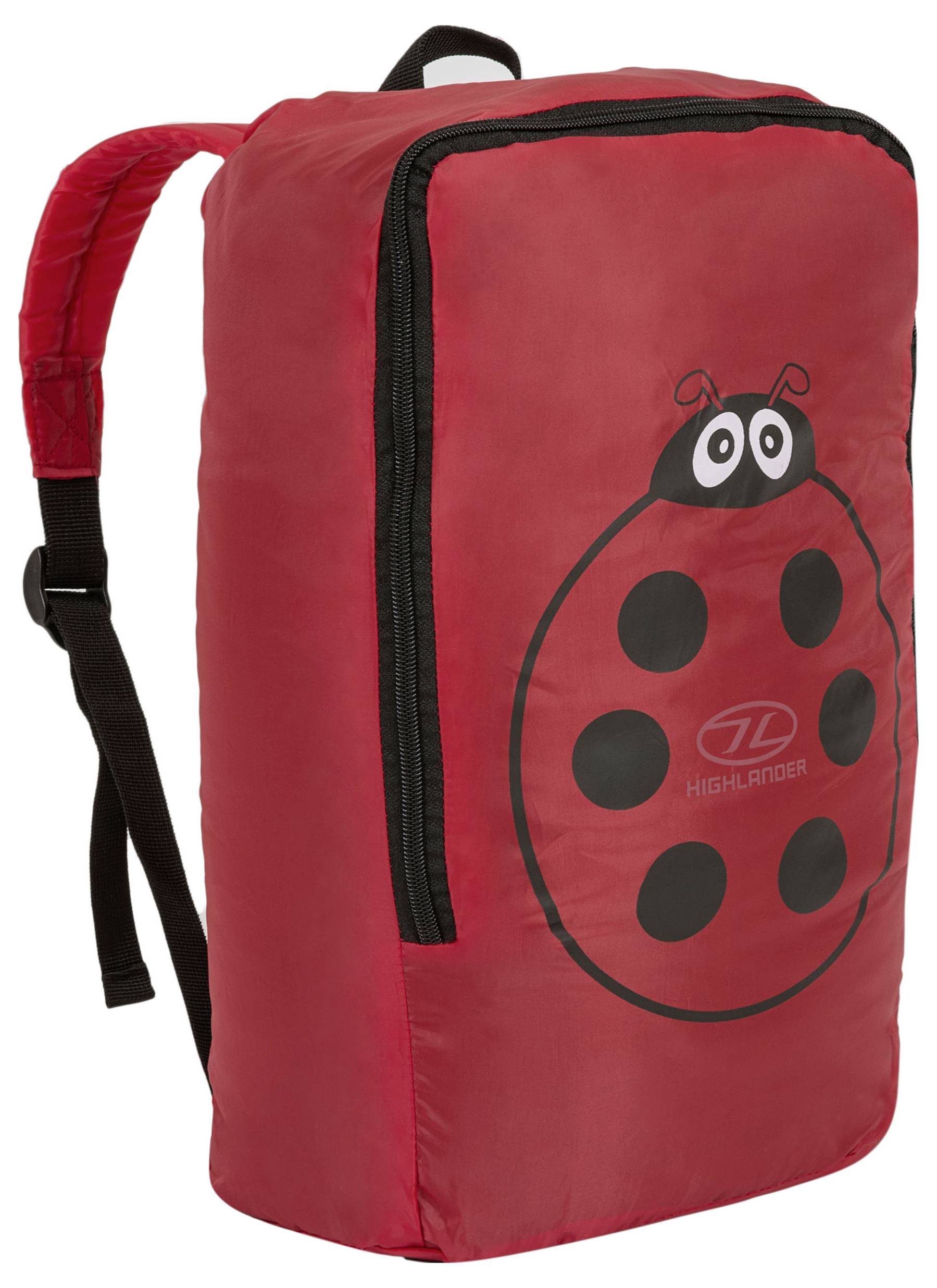 Ein roter Rucksack mit Marienkäfer-Design, das schwarze Punkte und Augen aufweist, für Kinder geeignet, mit verstellbaren Schultergurten.