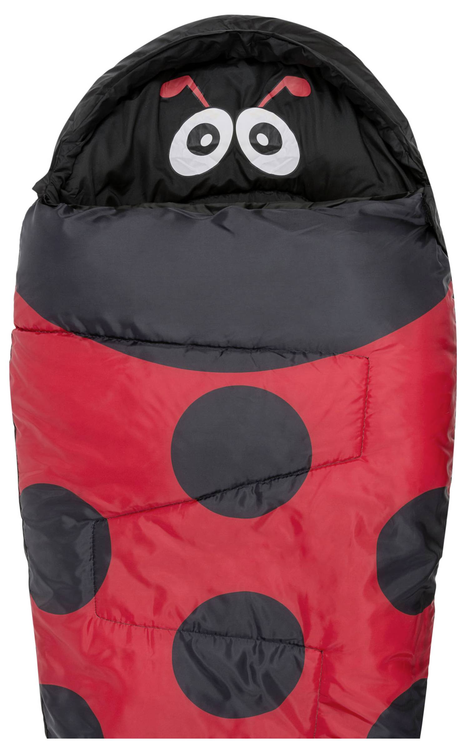 Ein rot und schwarz gemusterter Kinderschlafsack in Marienkäferform, mit großen schwarzen Punkten und einem verspielten Gesicht auf der Kapuze.