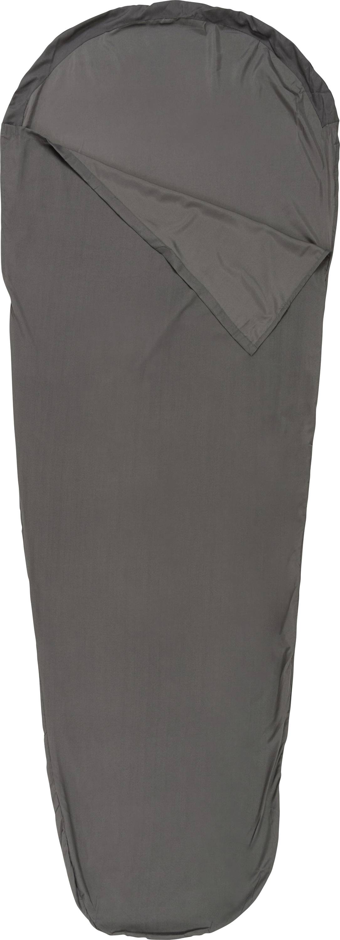 Eine dunkelgraue, mumienstil-Schlafsack-Innenschicht, konzipiert zum Einsatz in einem Schlafsack für zusätzliche Wärme und Komfort.