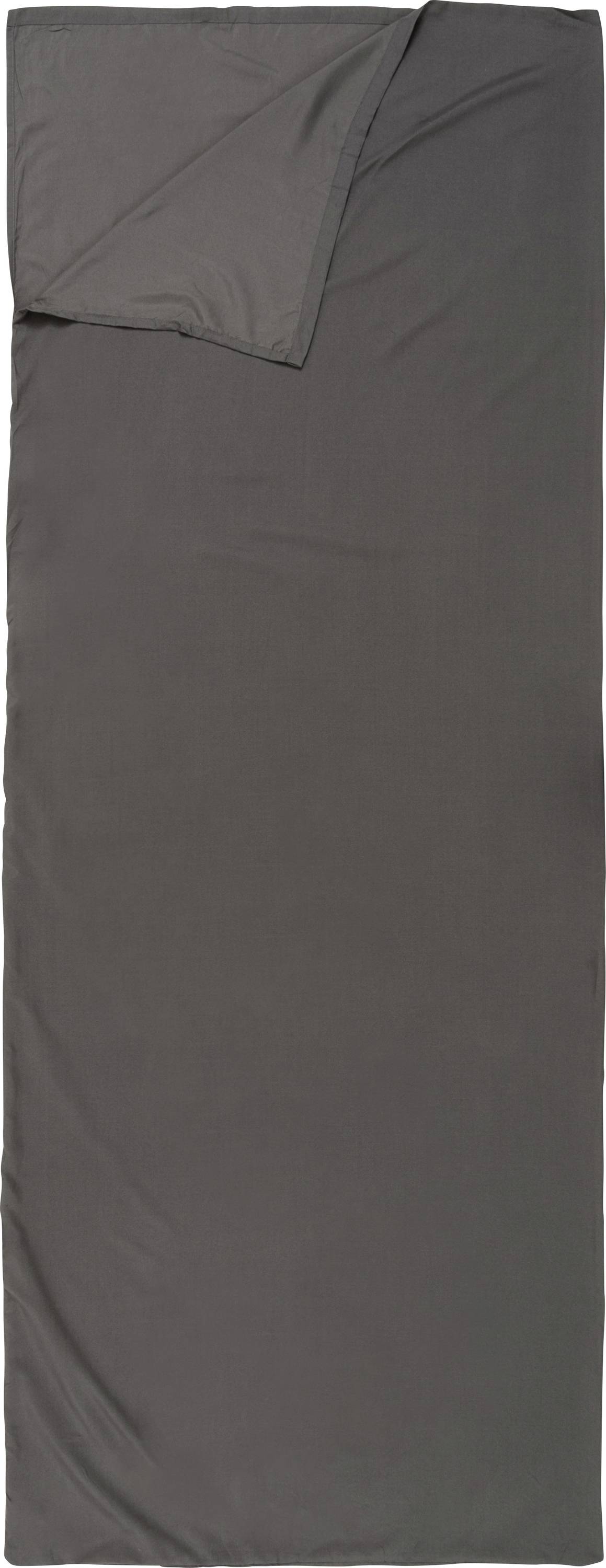 Ein dunkelgraues Schlafsack-Inlett mit einer Umschlagklappe oben, das für zusätzliche Wärme und Hygiene bei Outdoor-Aktivitäten entwickelt wurde.