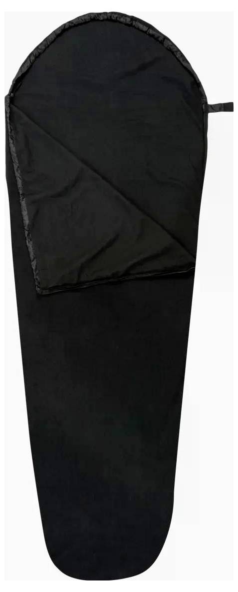 Ein schwarzer Schlafsack im Mumienformat mit abgerundeter Kapuze und Seittenreißverschluss, teilweise geöffnet, um das Innere zu zeigen.