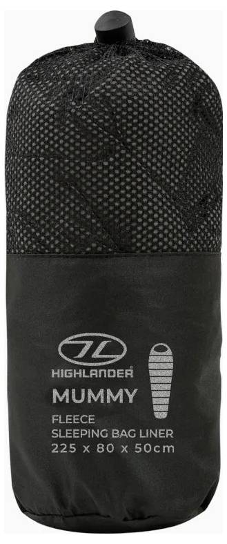 Ein schwarzer Fleece-Schlafsackinlett ist mit der Marke „Highlander Mummy