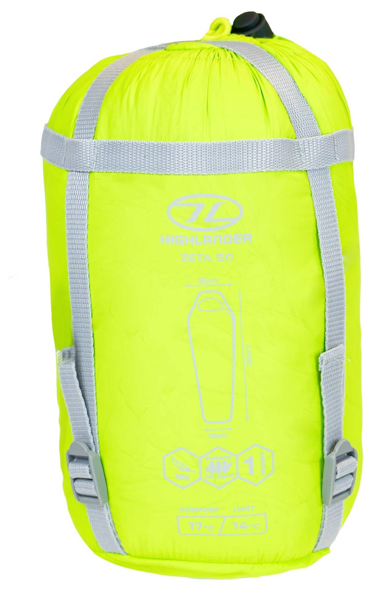 Ein leuchtend grüner Schlafsack in einem kompakten, zylindrischen Sack gepackt mit grauen Riemen und einem Logo auf der Vorderseite.