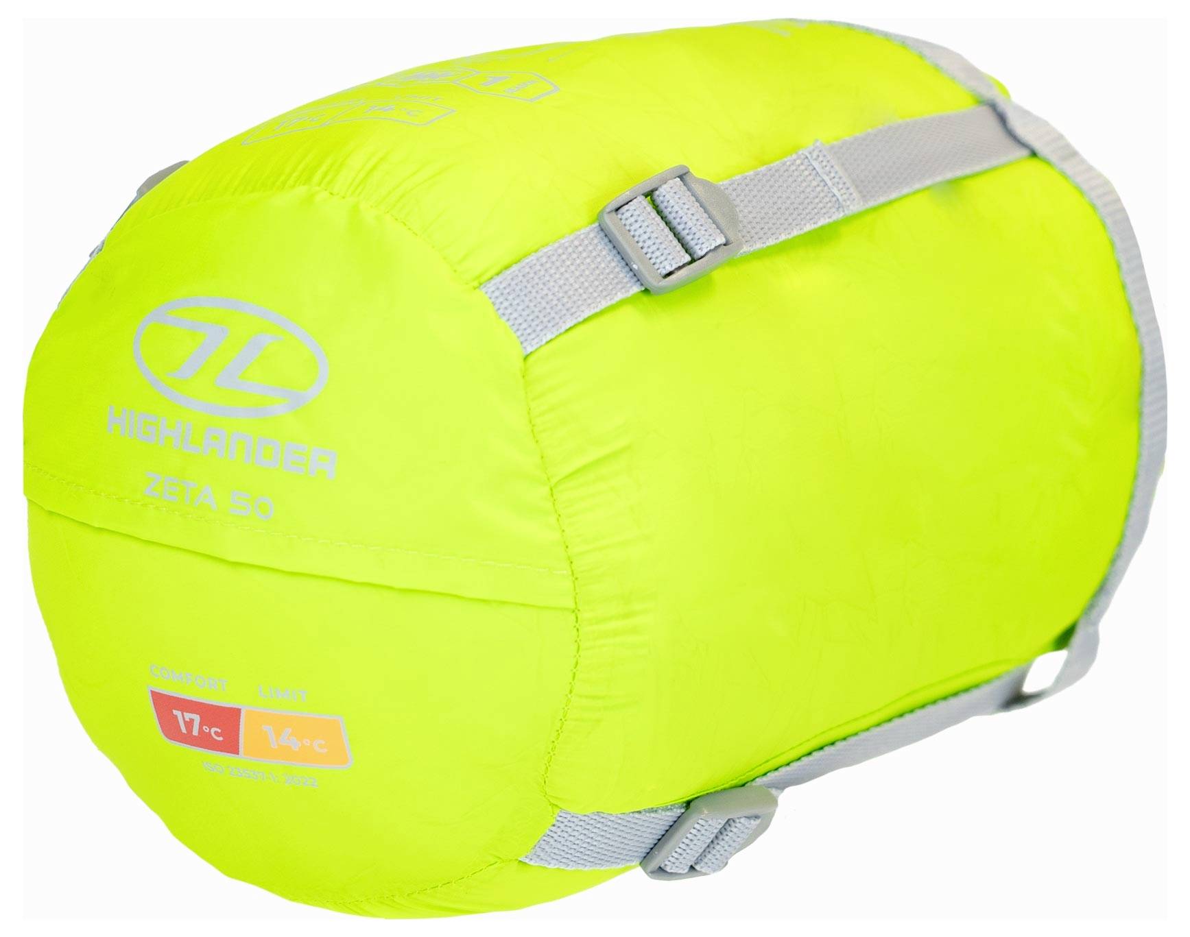Ein hellgelber Kompressionssack mit grauen Riemen, gekennzeichnet mit „Highlander Zeta 50