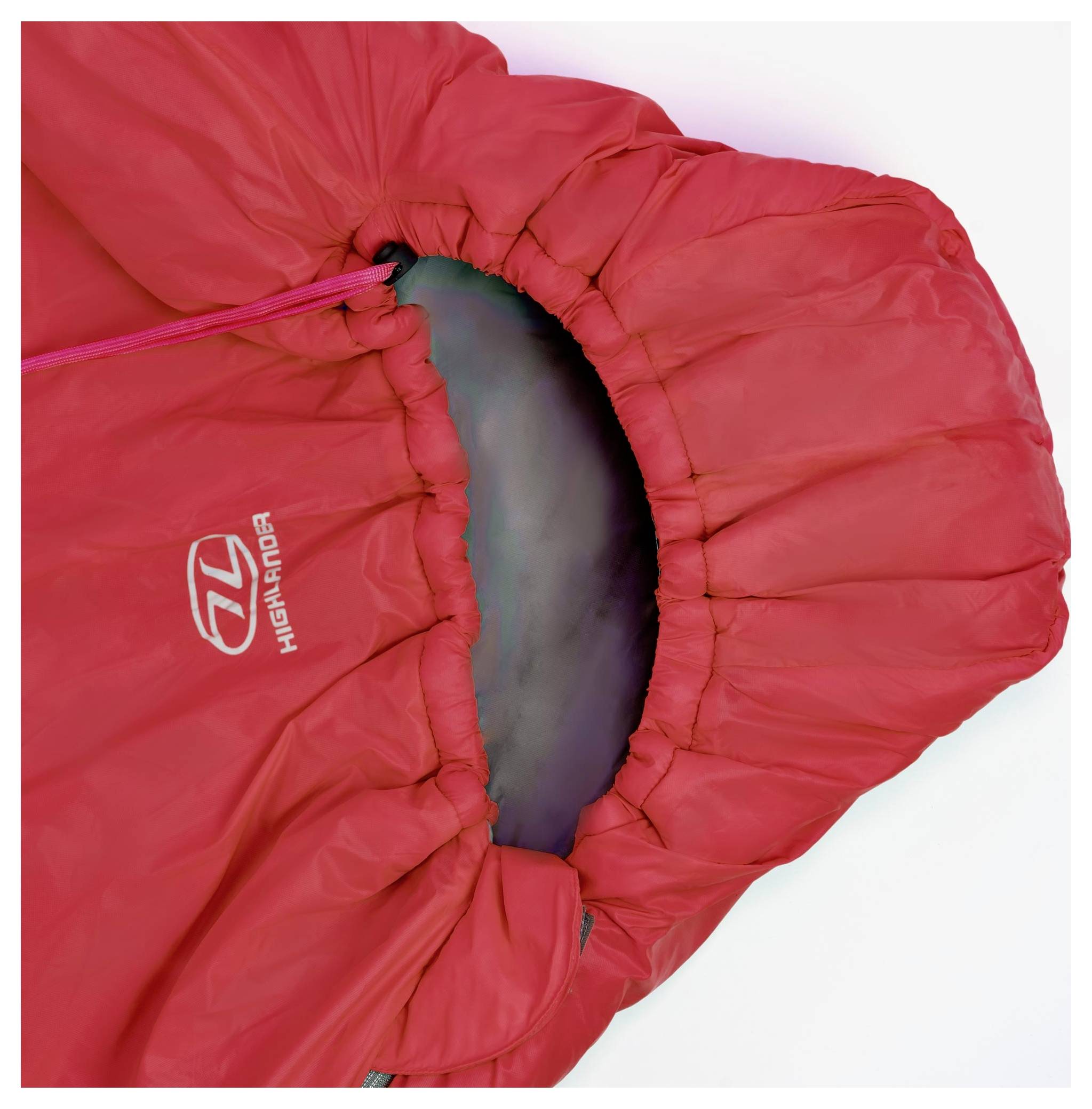 Eine rote Steppjacke mit sichtbarer Kapuze und einem kleinen Logo auf der Vorderseite. Das Material wirkt leicht und gesteppt.
