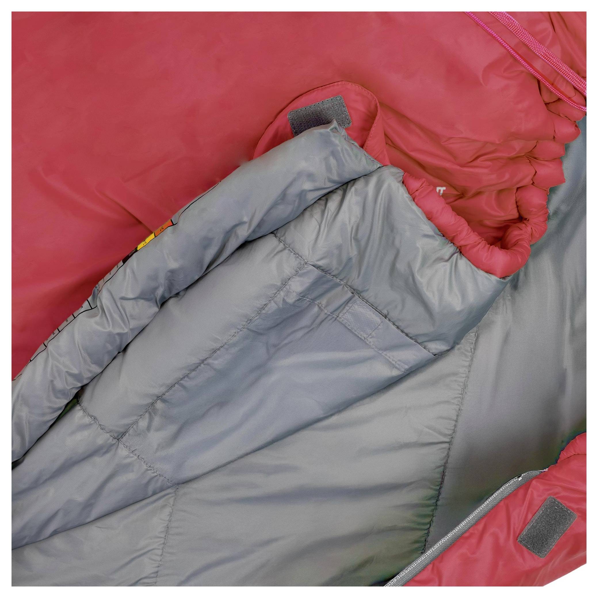 Rote und graue Schlafsäcke nebeneinander platziert; der rote Sack ist teilweise offen und gibt einen Blick auf den darunter liegenden grauen Sack frei.