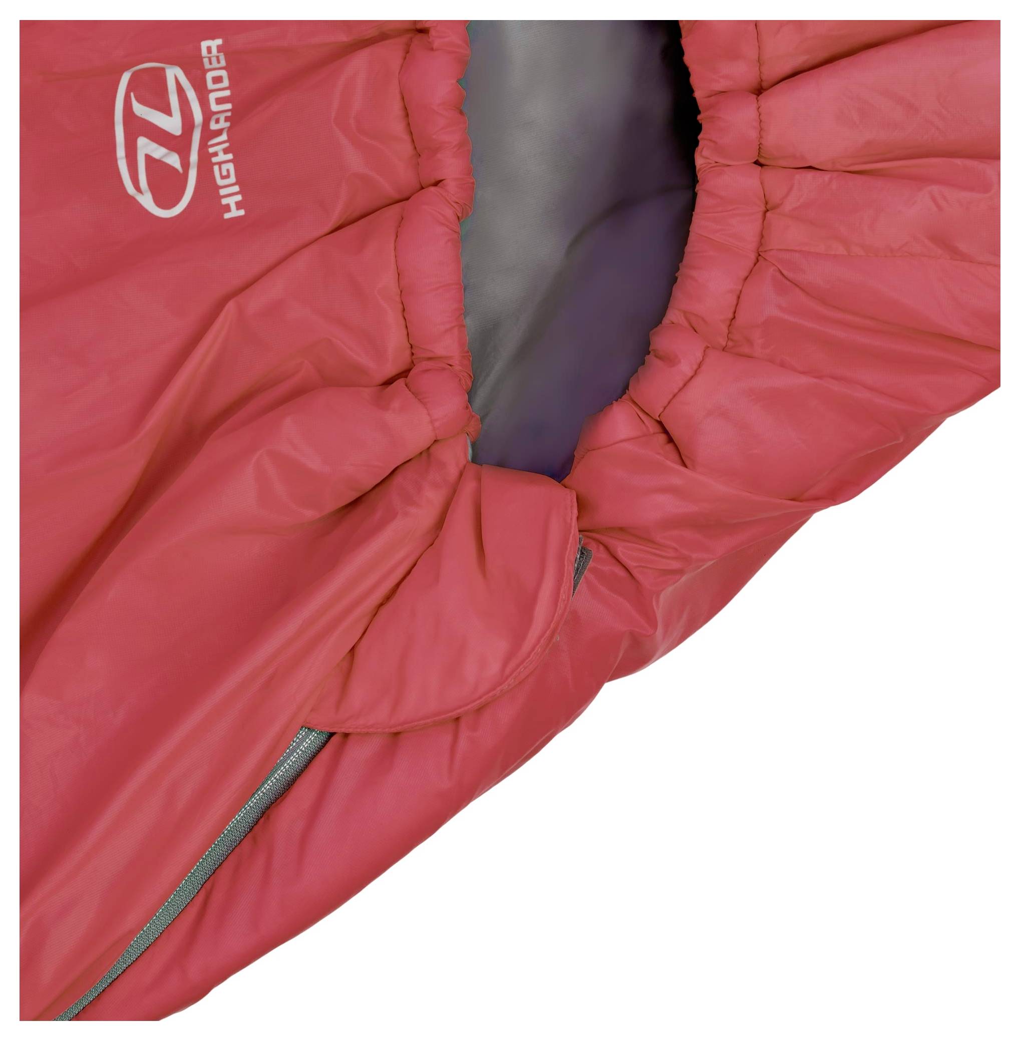 Roter Schlafsack mit sichtbarem Reißverschluss und Logo auf dem Stoff, zeigt die obere Öffnung und das gesteppte Design.