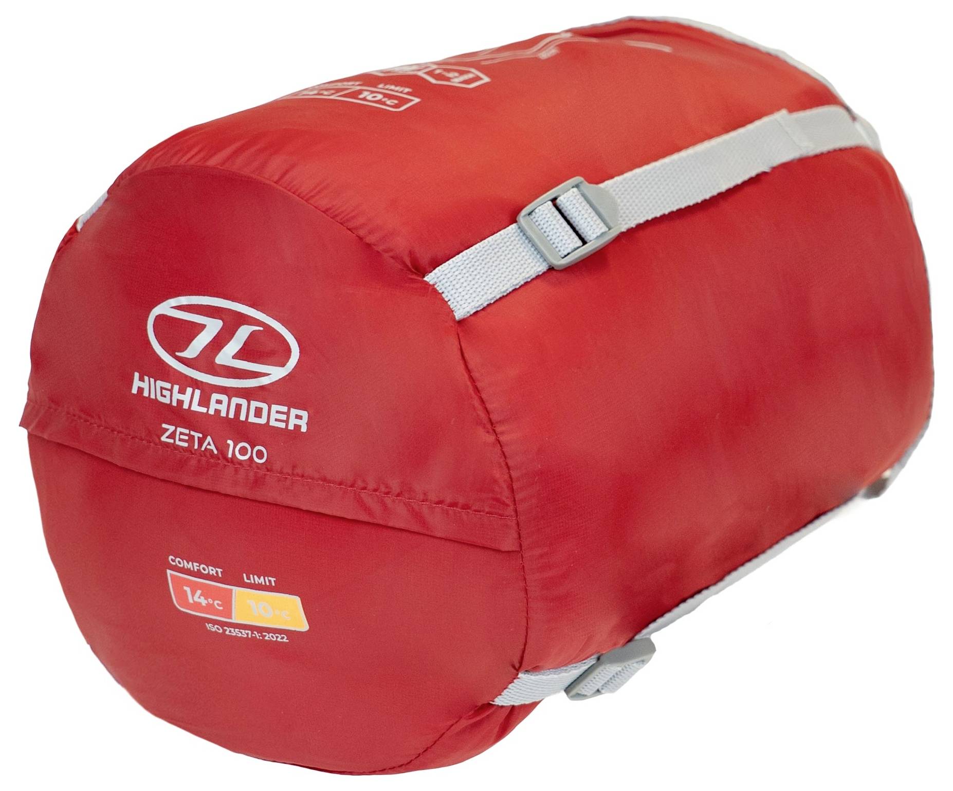 Ein rotes Highlander Zeta 100 Schlafsack-Set mit weißen Logos und Riemen, gekennzeichnet mit Komforttemperaturen von 14°C und 10°C.