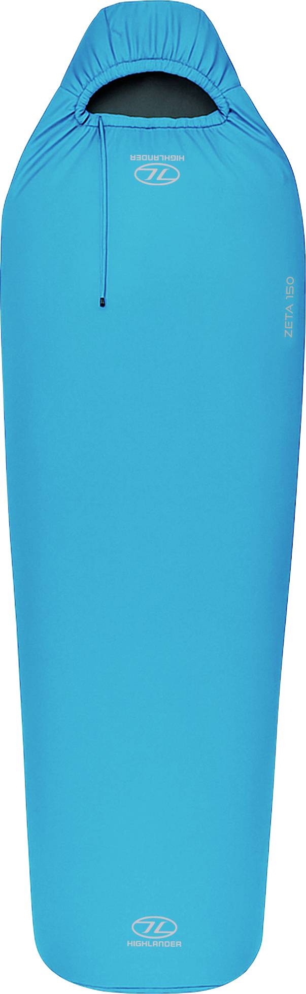 Blauer Schlafsack im Mumien-Stil mit Kapuze, für Outdoor-Camping konzipiert, mit Reißverschluss und kompakter Form für Wärmeisolation.