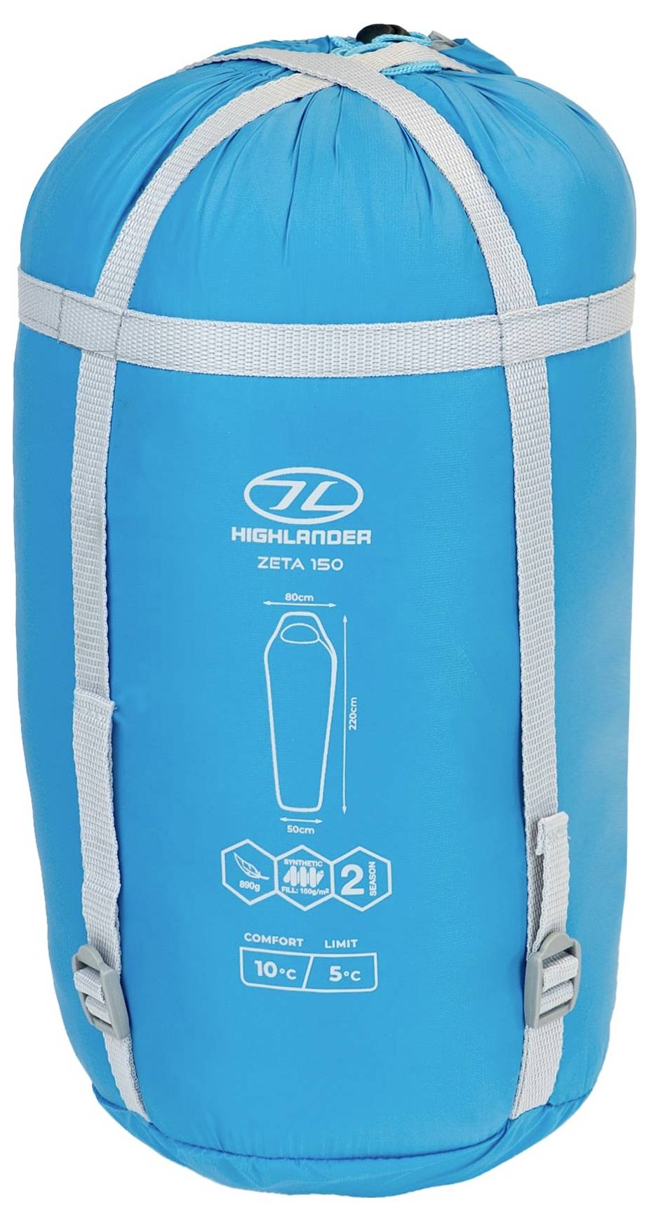 Blauer Schlafsack in einem kompakten Beutel, mit dem Markenlogo und der Modellbezeichnung „Highlander Zeta 150