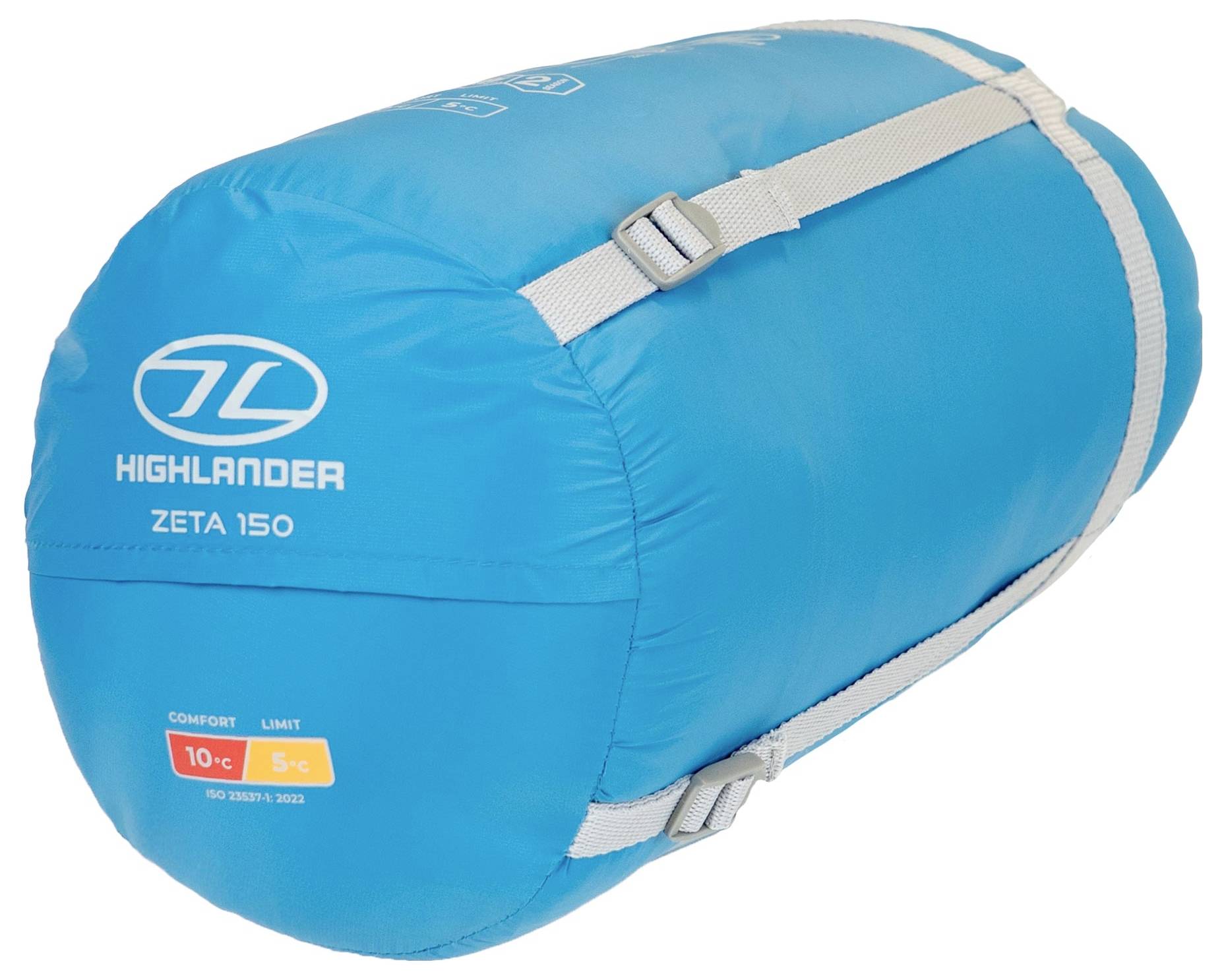 Ein blauer zylindrischer Schlafsack, komprimiert in einem Packbeutel mit Riemen, beschriftet mit „Highlander Zeta 150