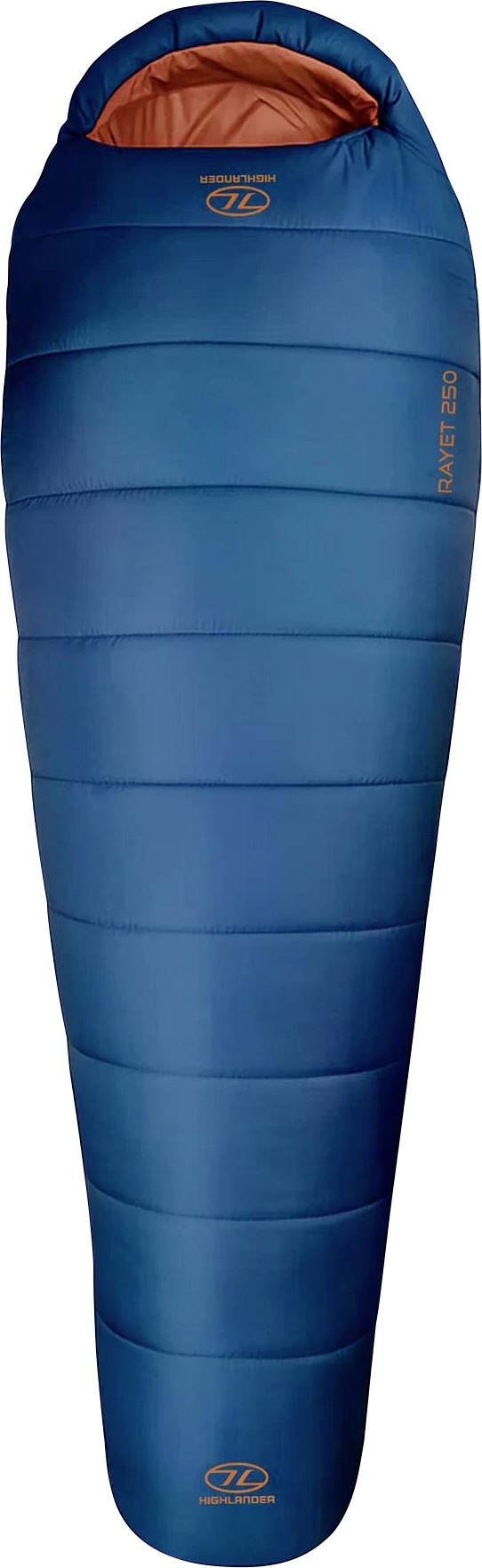 Ein blauer Mumienschlafsack mit orangefarbenem Innenfutter, geeignet für das Camping im Freien.