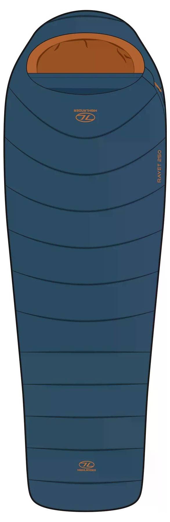 Ein blauer Mumien-Schlafsack mit orangefarbenem Innenfutter, für das Camping konzipiert, mit Kapuze und konturierter Form für Wärmezufuhr.
