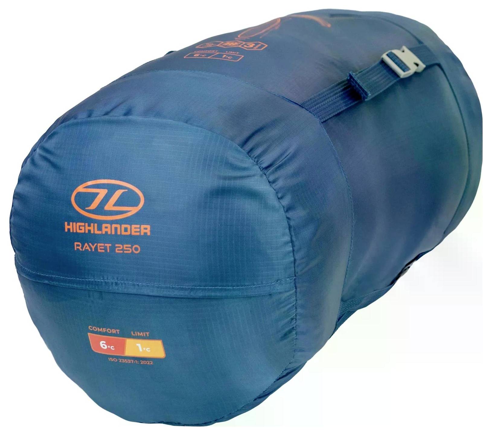 Blauer Schlafsack mit der Bezeichnung „Highlander RAYET 250