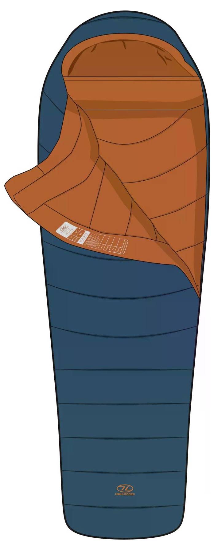 Ein blauer und oranger Schlafsack wird ungeöffnet dargestellt und zeigt die innere orange Auskleidung, mit einem sichtbaren Logo in der Nähe des unteren Endes.