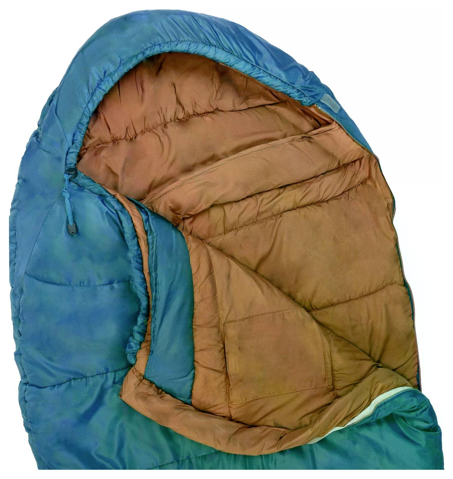 Ein blau und braun gefärbter Schlafsack mit Kapuze, teilweise geöffnet, um das Innere zu zeigen.