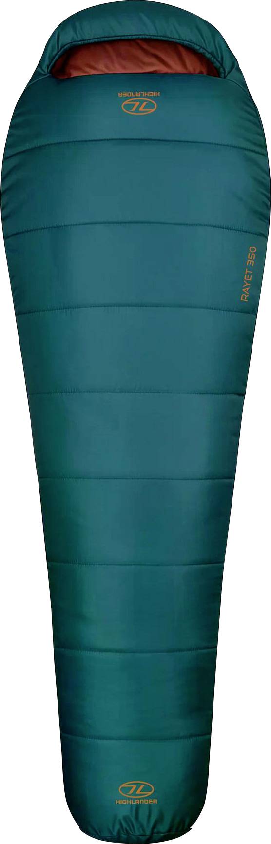 Ein leichter, blaugrüner Schlafsack mit Kapuze, konzipiert für Outdoor-Camping, mit kompakter, rechteckiger Form und isoliertem Material.