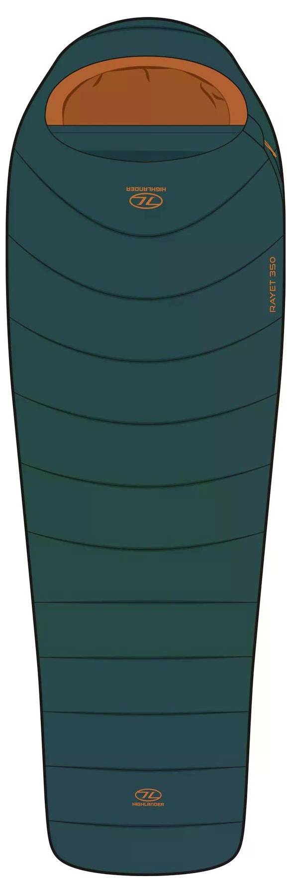 Ein dunkelgrünes Mumien-Schlafsack mit orangem Innenfutter, entwickelt für Outdoor-Camping.