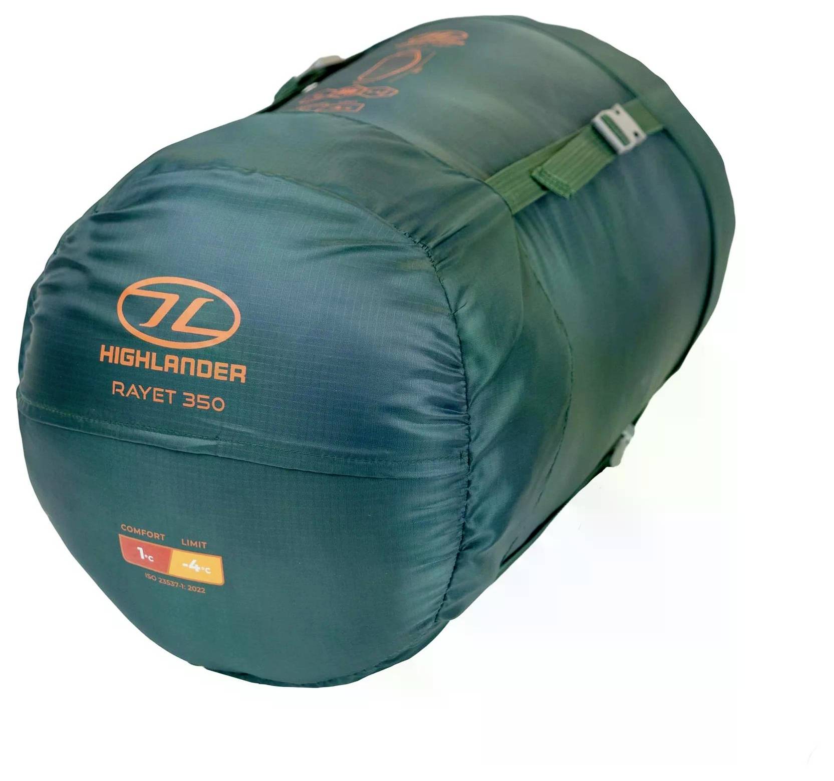 Green Highlander Rayet 350 Schlafsack mit Riemen und orangefarbenen Details, gekennzeichnet mit „Komfort 1°C