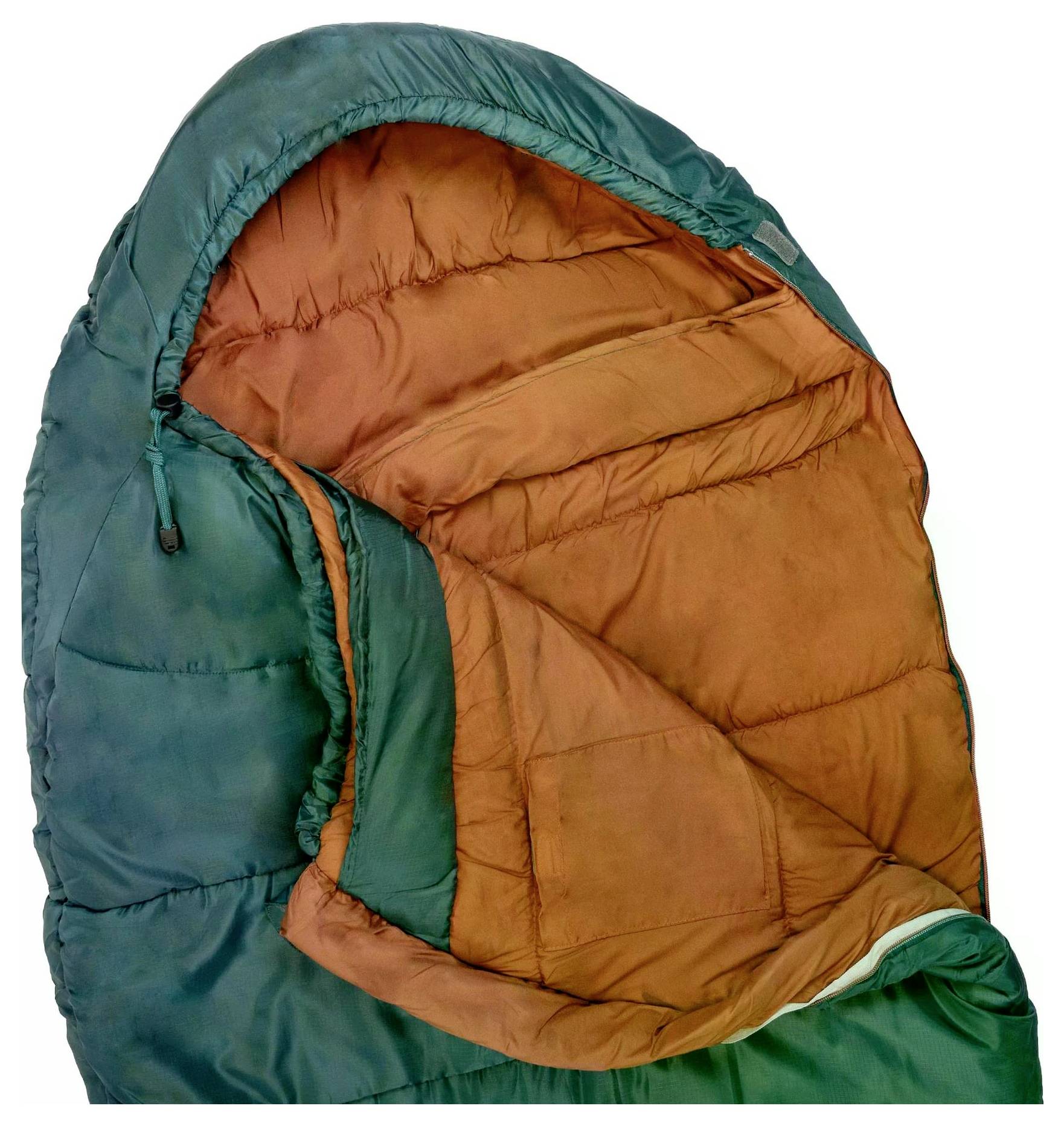 Blaugrüner und orangefarbener Schlafsack, teilweise aufgerollt, wobei sein gepolstertes Inneres sichtbar wird.