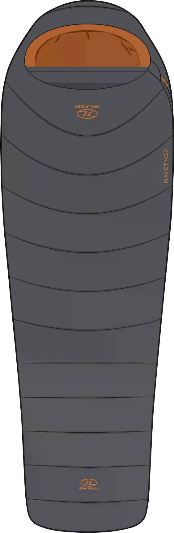 Ein grauer und oranger Schlafsack von oben gezeigt, der sein stromlinienförmiges, mumienartiges Design hervorhebt, das sich für Outdoor-Camping eignet.