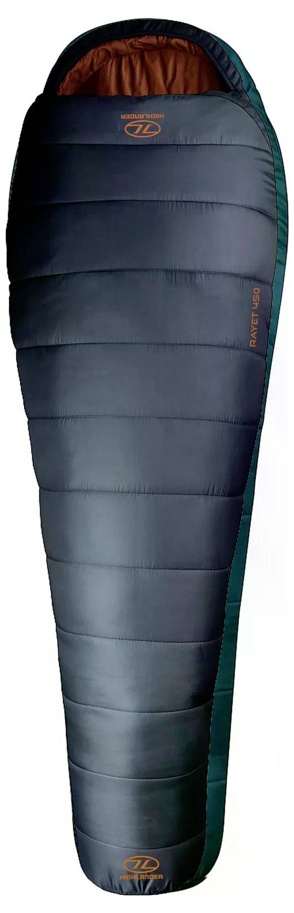 Ein dunkel gefärbter, mumienstil Schlafsack mit orangefarbenem Innenfutter, entworfen für Kaltweiter-Camping.