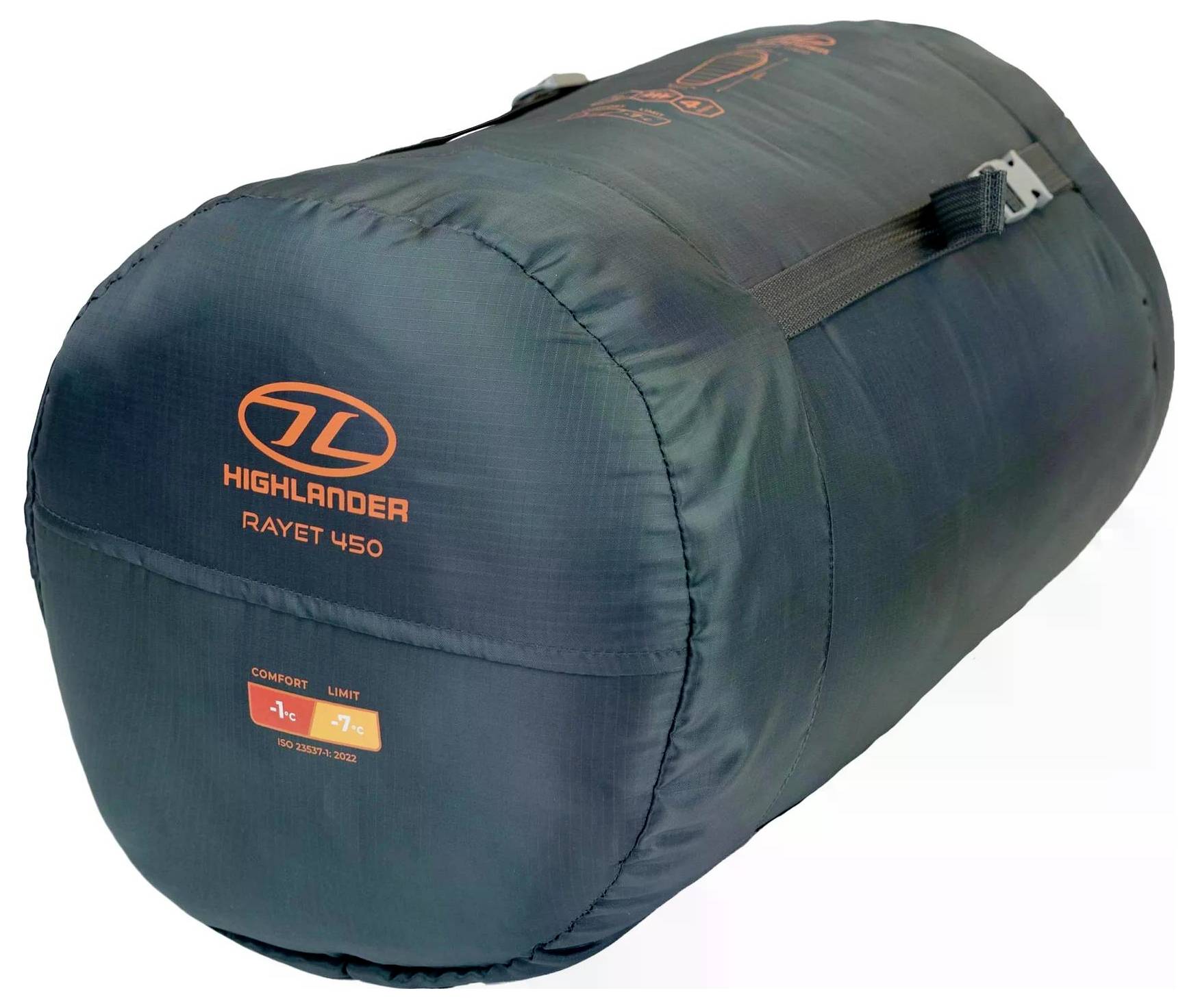 Grüner Highlander RAYET 450 Schlafsack, Logo und Komfort-/Grenztemperaturwerte auf der Seite, aufgerollt und mit Riemen gesichert.
