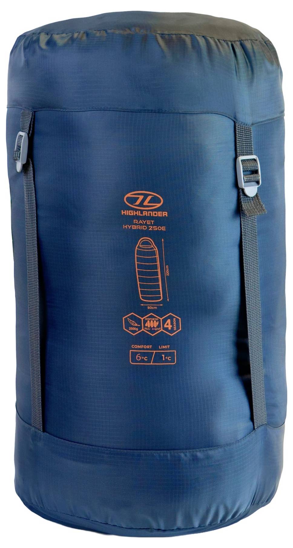 Ein blauer Schlafsack mit orangefarbigem Branding und Details, mit Temperaturangaben von 6°C Komfort und -1°C Grenzwert, vorgesehen für die Verwendung im Freien.