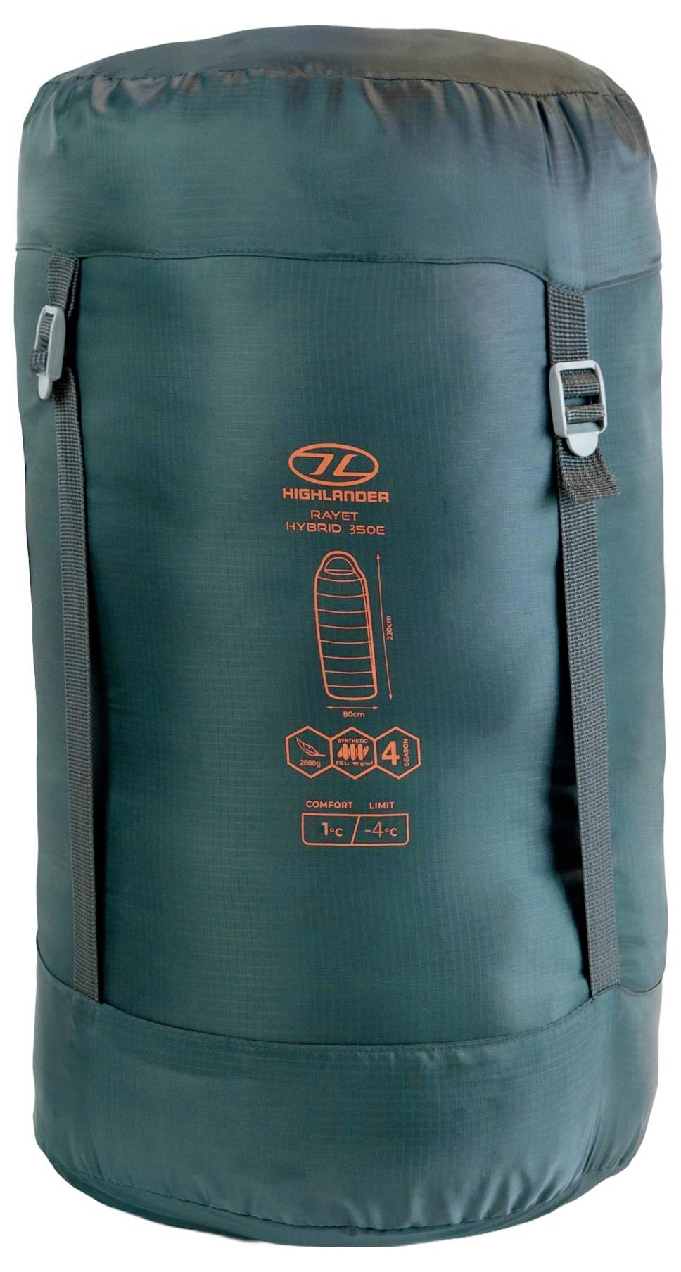 Ein grüner Highlander-Schlafsack in einem Kompressionsbeutel mit Riemen und Temperaturbereich-Symbol, das die Verwendung zwischen +1°C und -4°C zeigt.