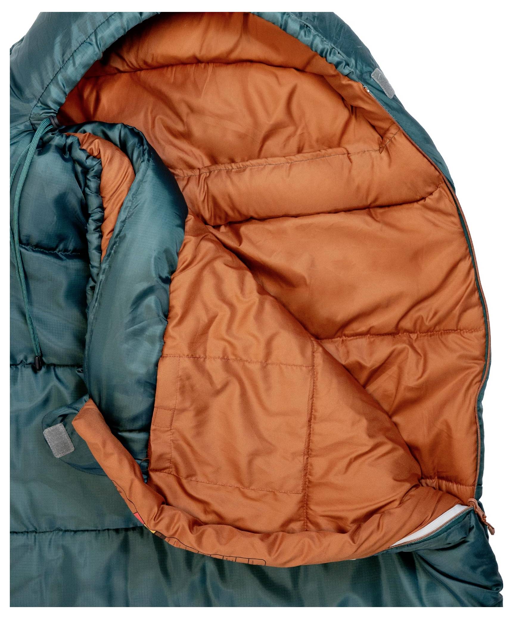 Eine leuchtend grüne Steppjacke mit angehängter Kapuze, von oben gezeigt. Die Jacke hat ein subtiles Logo auf der linken Seite.