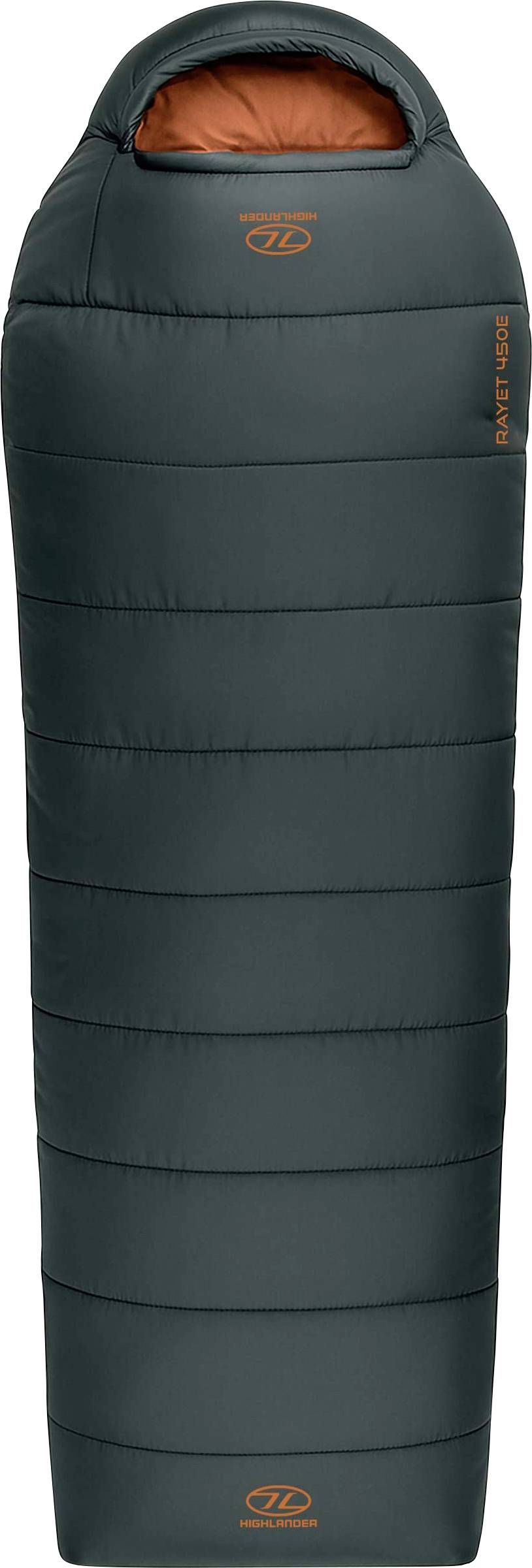 Ein dunkelgrüner Schlafsack mit orangefarbenem Innenfutter, ausgestattet mit einer Kapuze und einem Logo in der Nähe der Oberseite. Geeignet für Outdoor-Camping.