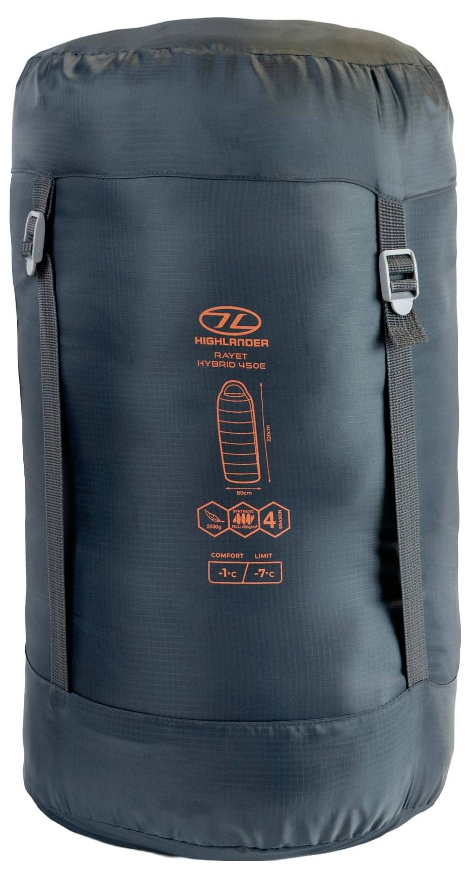 Ein blauer Schlafsack in einem Kompressionssack mit orangefarbener Grafik, die Temperaturangaben und Abmessungen anzeigt; enthält Schnallengurte zur Verstellung.