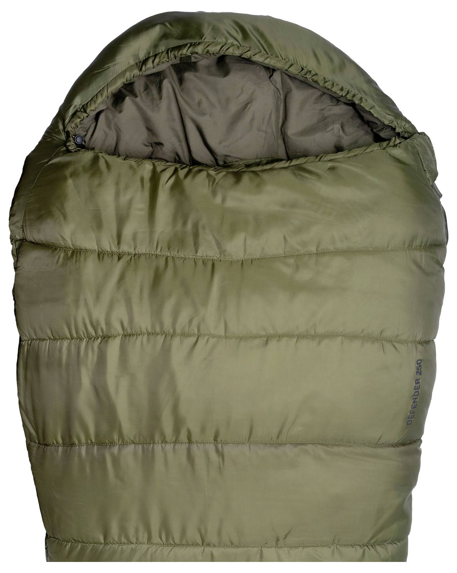 Ein grüner, gepolsterter Schlafsack mit Kapuze, konzipiert für Camping und Outdoor-Nutzung, vollständig verschlossen und flach ausgebreitet.