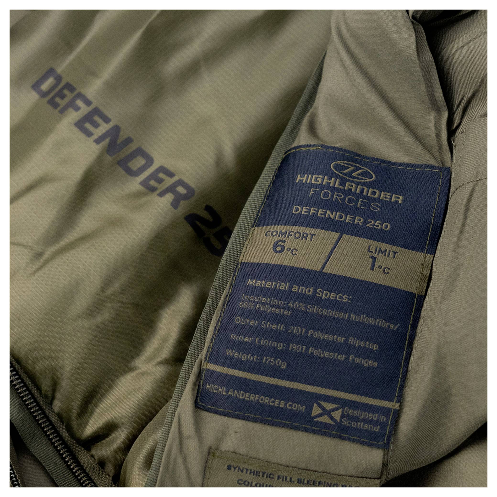„Highlander Forces Defender 250 Schlafsack-Etikett mit Komfortgrenzwert von 6°C und Grenzwert von 1°C, mit Materialangaben.