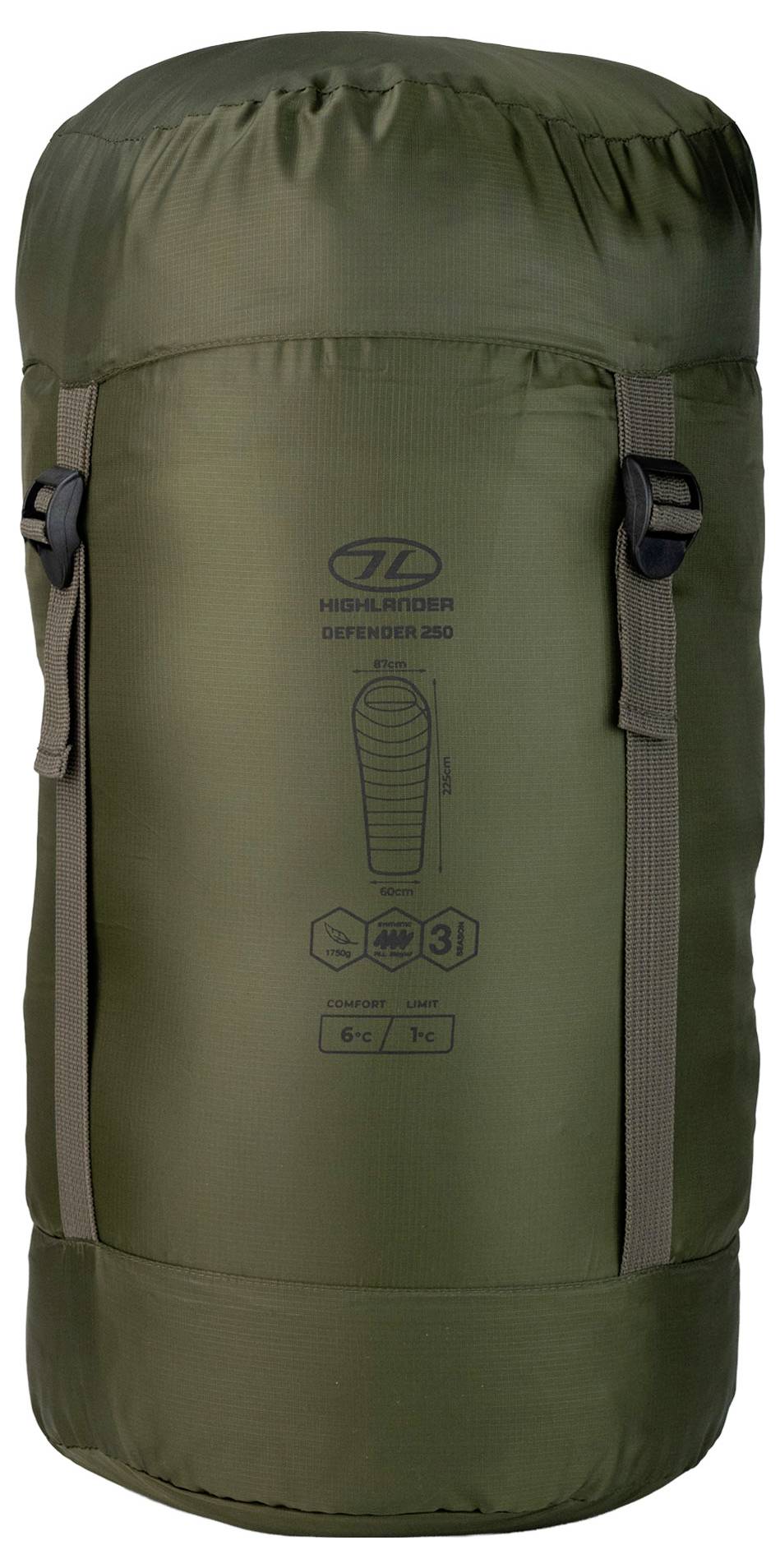 Ein grüner zylindrischer Schlafsack mit zwei verstellbaren Riemen, der für den Außenbereich konzipiert ist. Das Etikett zeigt an, dass er Temperaturen bis zu -5°C unterstützt.