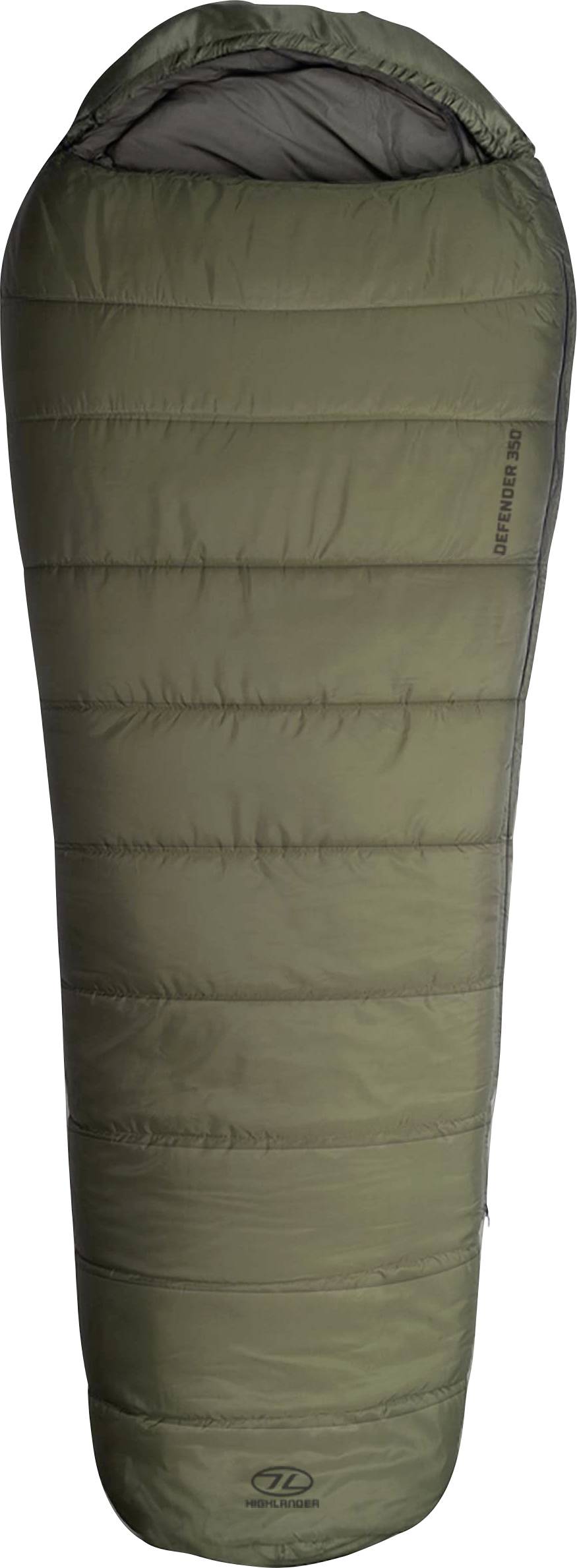 Ein grüner, mumienförmiger Schlafsack, aufrecht dargestellt, geeignet zum Outdoor-Camping.