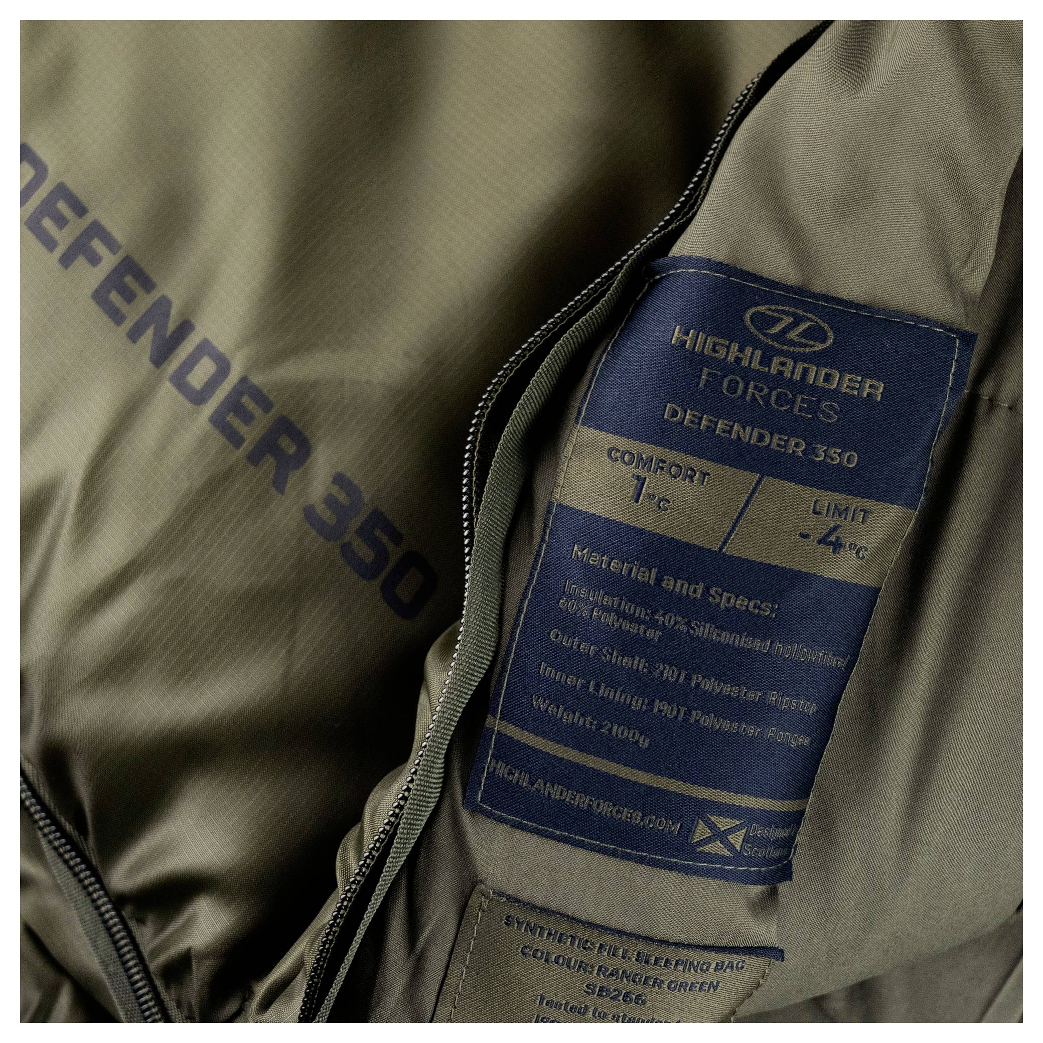 Das Bild zeigt das Etikett und das Innere eines Highlander Forces Defender 350 Schlafsacks mit Details zu Komfort- und Grenztemperaturen.