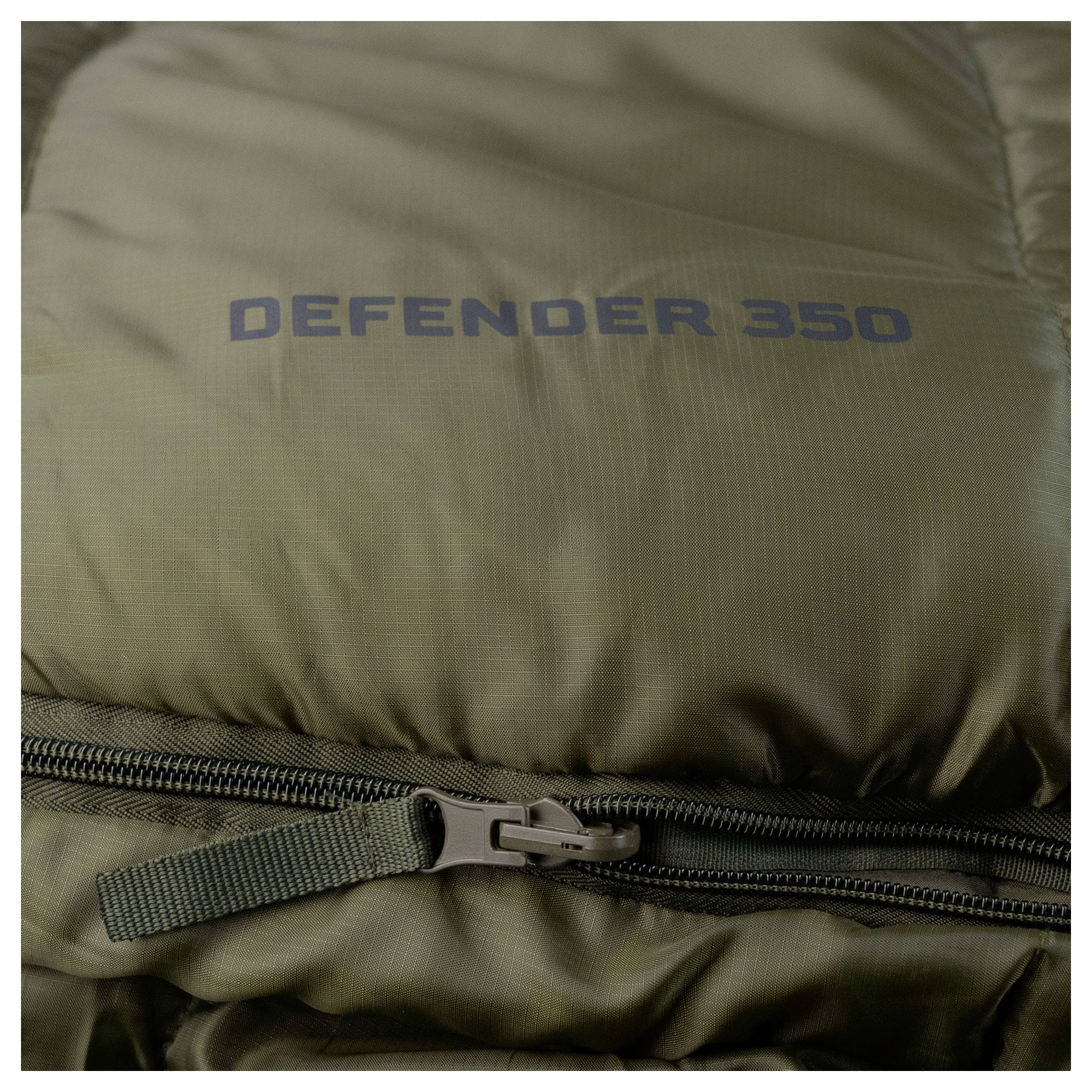Olivgrüner gesteppter Stoff mit einem Reißverschluss, mit der Bezeichnung „DEFENDER 350