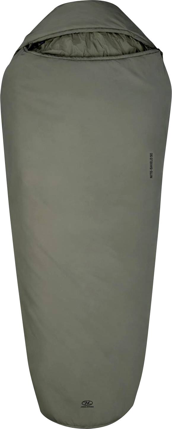 Ein grüner Camping-Schlafsack mit konischer Form und Markenlogo am unteren Ende, geeignet für Outdoor-Aktivitäten und Wanderungen.