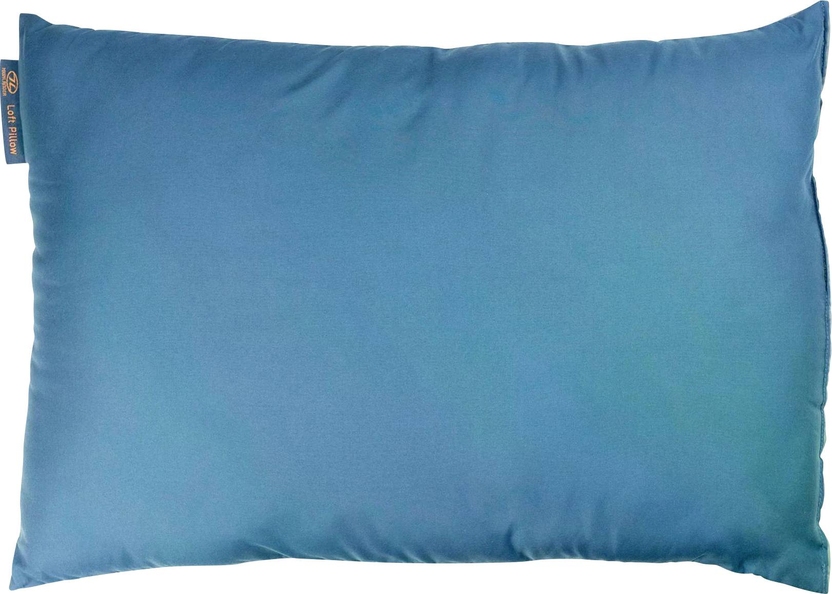 Ein blaues rechteckiges Kissen mit glatter Oberfläche, positioniert vor einem weißen Hintergrund.