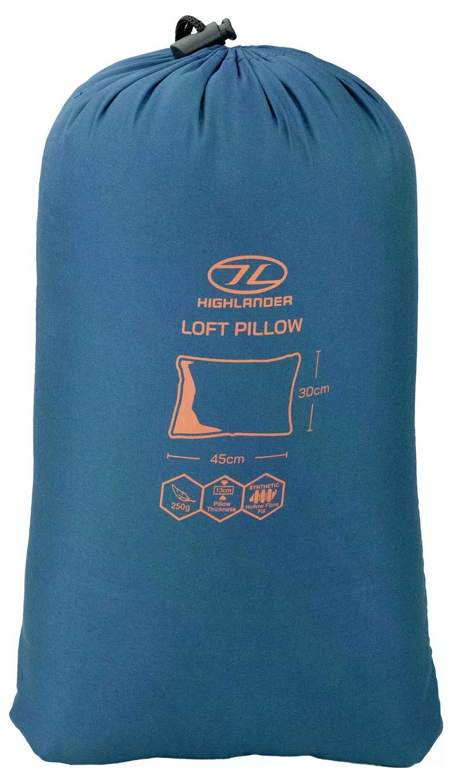 Blauer Kordelzugtasche mit dem Text „Highlander Loft Pillow
