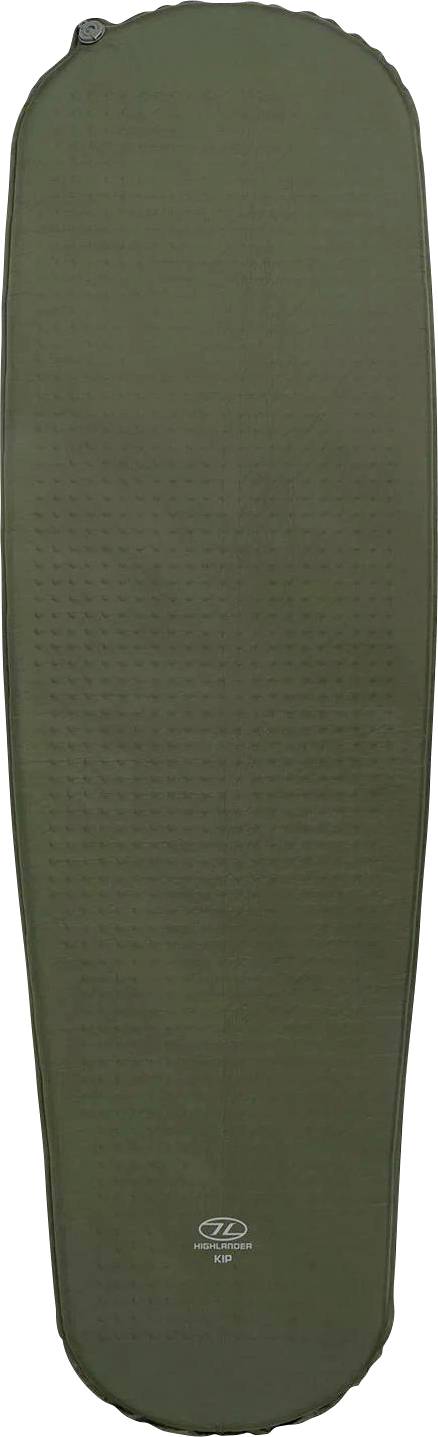Ein grünes, rechteckiges Camping-Schlafpad mit einer leicht verjüngten Form und einem kleinen Logo in der Nähe der oberen Mitte, geeignet für den Außeneinsatz.