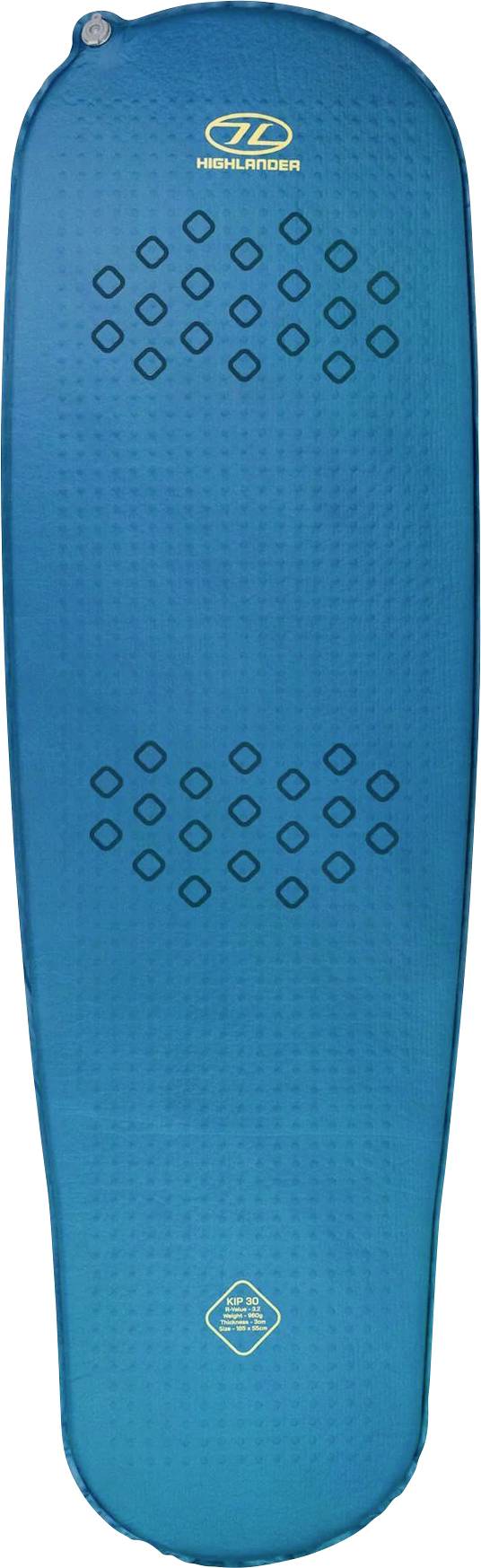 Eine blaue, selbstaufblasbare Campingmatte mit strukturiertem Muster und einem Logo oben, entworfen für Outdoor-Komfort.